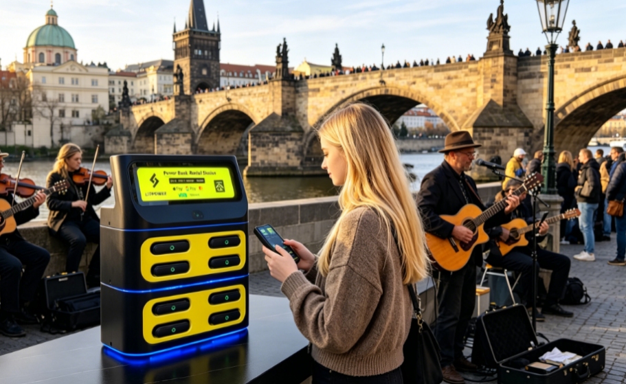 Shared power bank devices used in shopping malls and public places in Europe